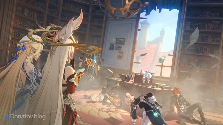 Возвращение героев Мондштадта в здание Ордо Фавониус