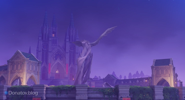 Сломанная статуя Анемо Архонта Барбатоса на площади перед собором