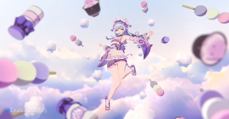 Мидзуки из трейлера персонажа, окружённая сладостями