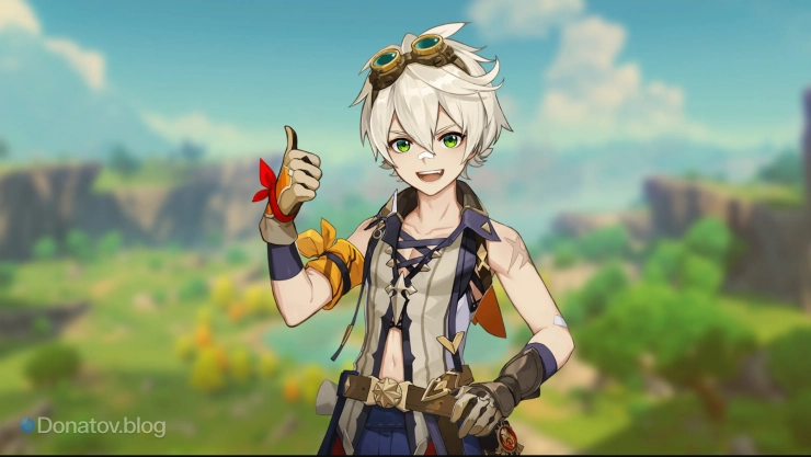 Беннет на фоне пейзажей Мондштадта