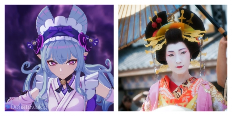 Сравнение причёски Мидзуки с причёской модели на параде эпох в Японии