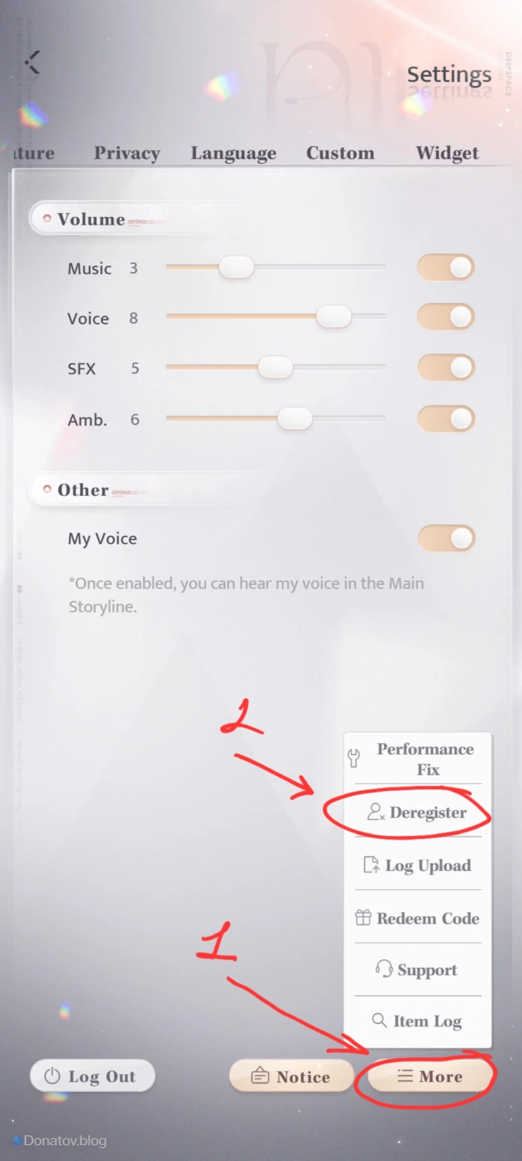 Кнопка More в настройках Love and Deepspace
