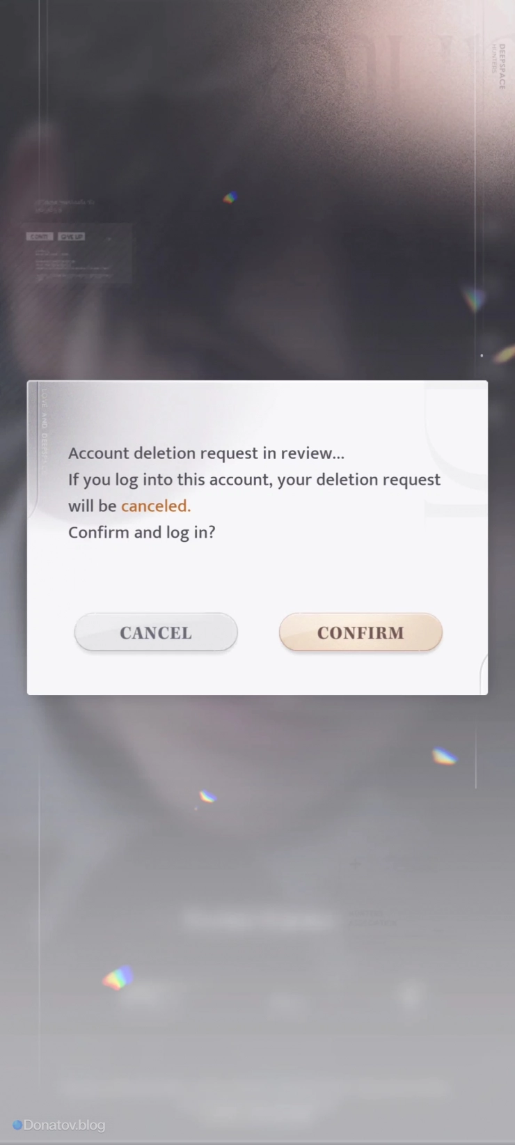 Окно с подтверждением восстановления аккаунта Love and Deepspace