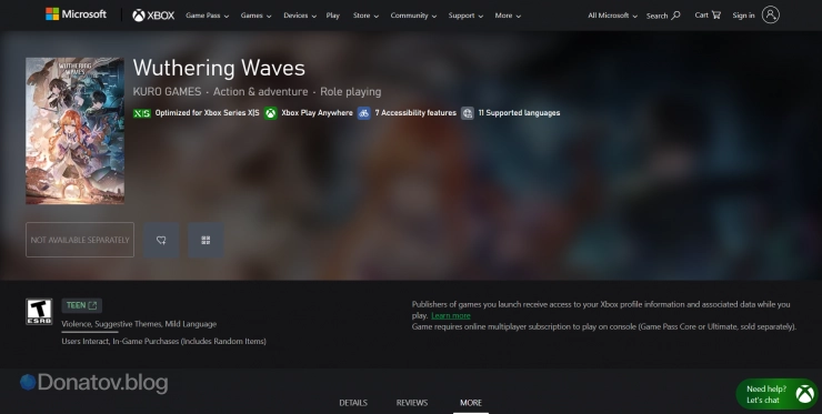 Страница Wuthering Waves на официальном сайте xbox.com