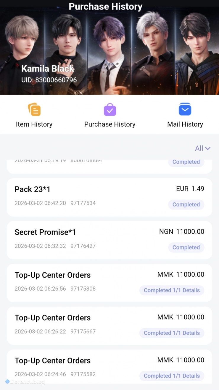 История покупки доната с аккаунта автора