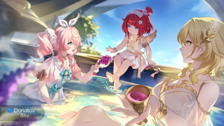 Аглая со своим учителем Трибби и целительницей Гиациной в купальнях