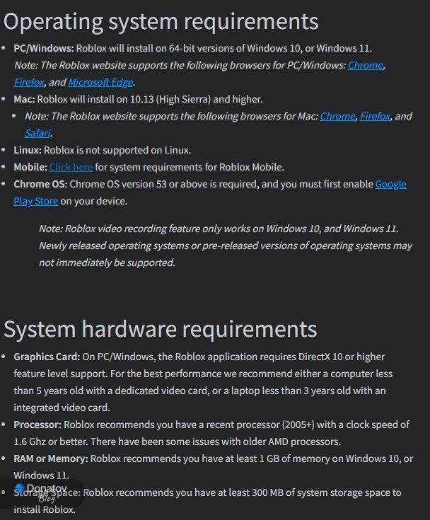Минимальная и рекомендуемая конфигурация компьютера от создателей Roblox на английском