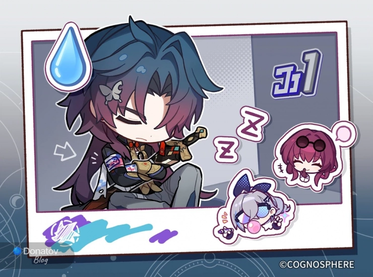 Чиби Кафка и Серебряный Волк смеются над спящим чиби Блэйдом