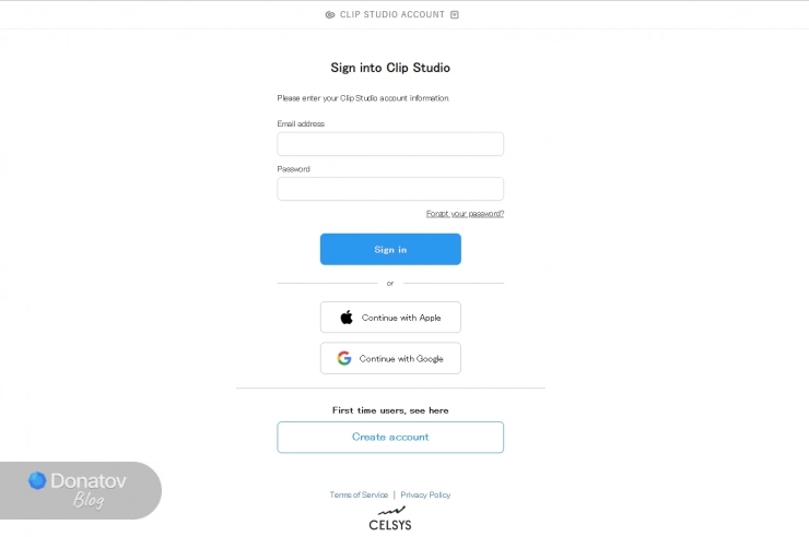 Страница входа в Clip Studio Account: вход по email и паролю, через Apple или Google, а также кнопка создания аккаунта