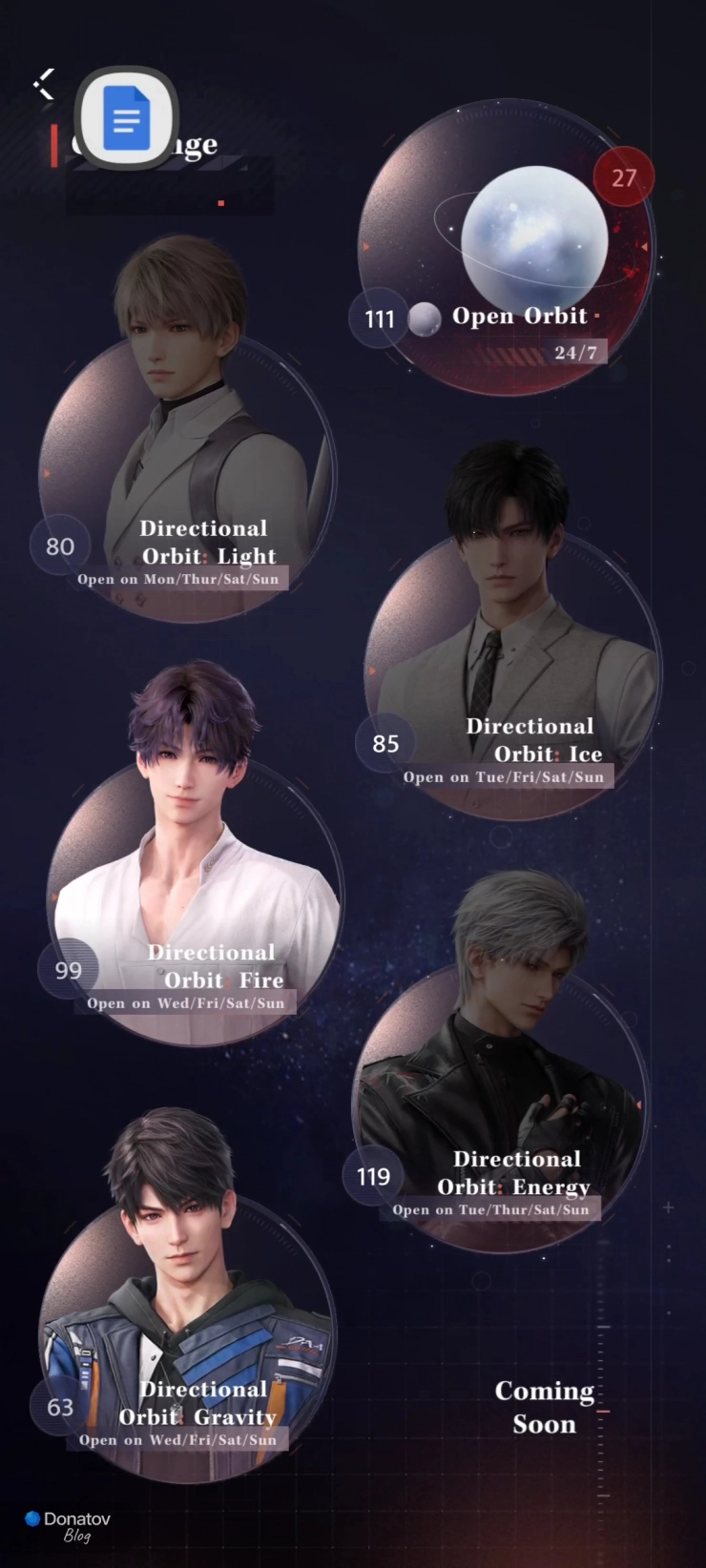 Все орбиты персонажей Love and Deepspace