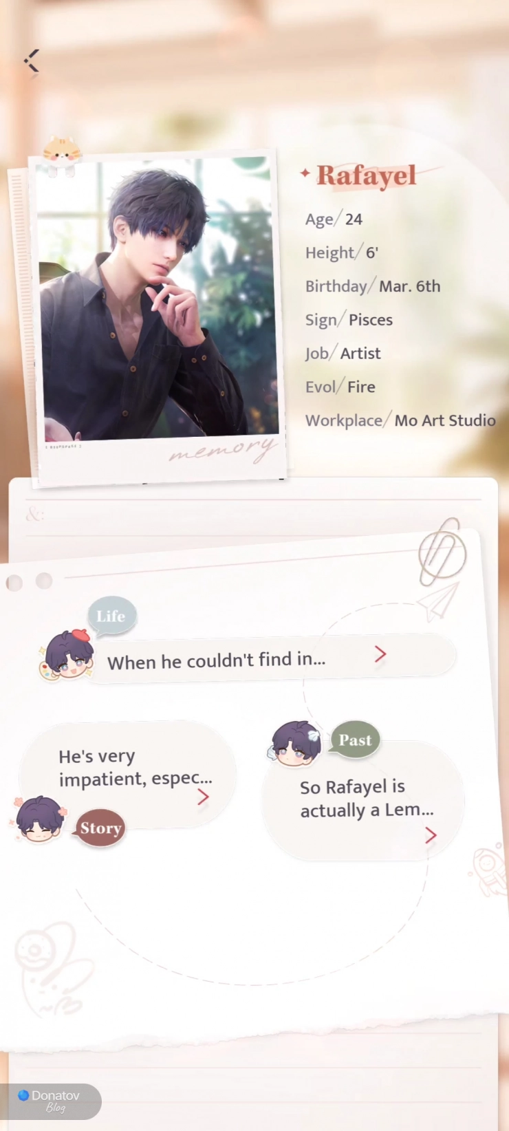Анкета персонажа, а также некоторые заметки о жизни, прошлом и отношениях с главной героиней
