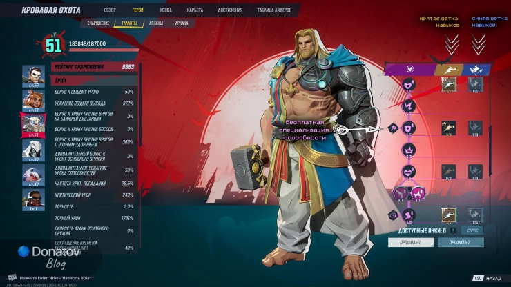 Окно распределения навыков в «Кровавой охоте»