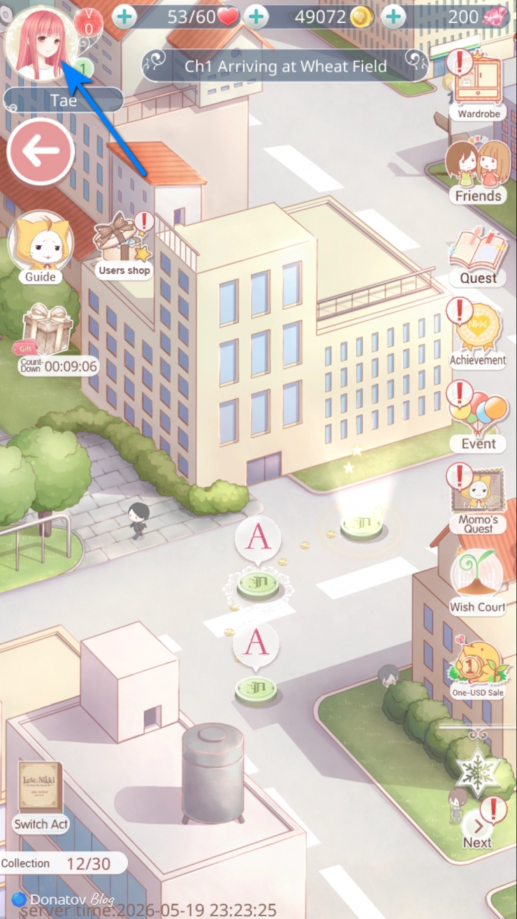 Главное меню и кнопка профиля в Love Nikki
