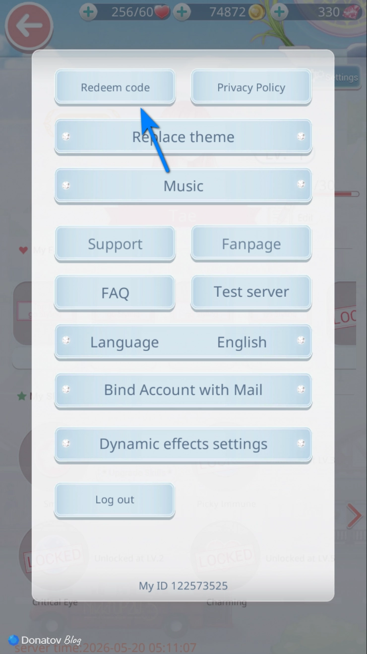 Страница настроек с кнопкой Redeem Code в Love Nikki