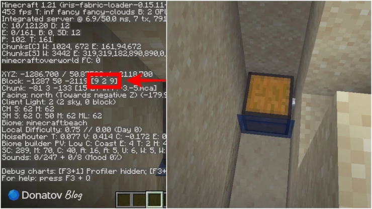 Координаты в меню F3 в Minecraft Java Edition