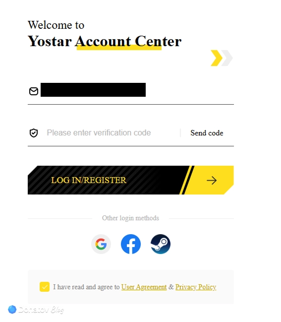 Окно входа в аккаунт Yostar