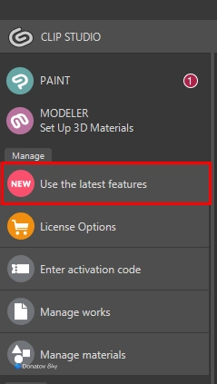 Меню Review/Change License в Clip Studio Paint