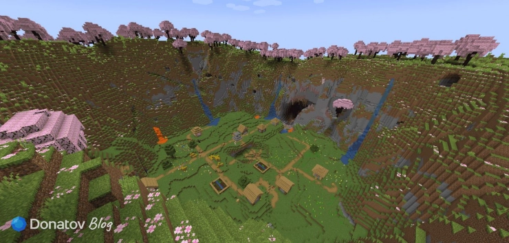 Деревня с лавой в ущелье Minecraft