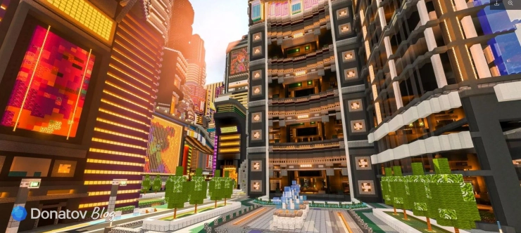 Многоэтажка в киберпанковом городе в Minecraft