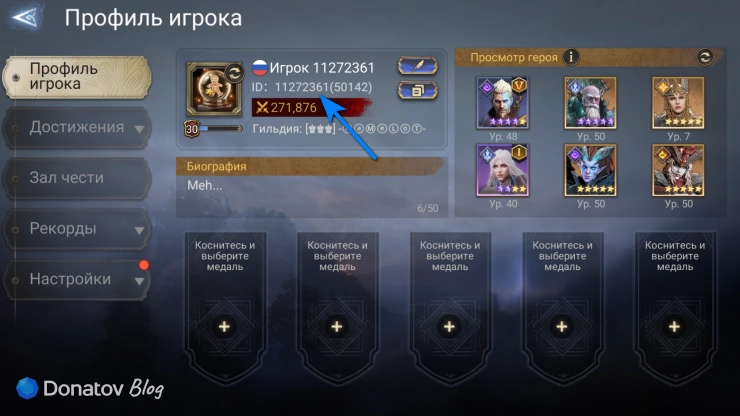 ID игрока и сервер в профиле Watcher of Realms