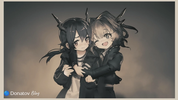 Маленькие Чэнь и Талула обнимаются, Arknights
