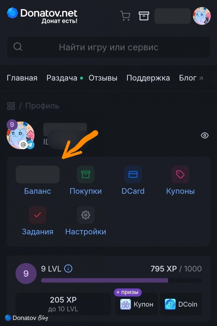 Кнопка «Баланс» в профиле на сайте Donatov.net
