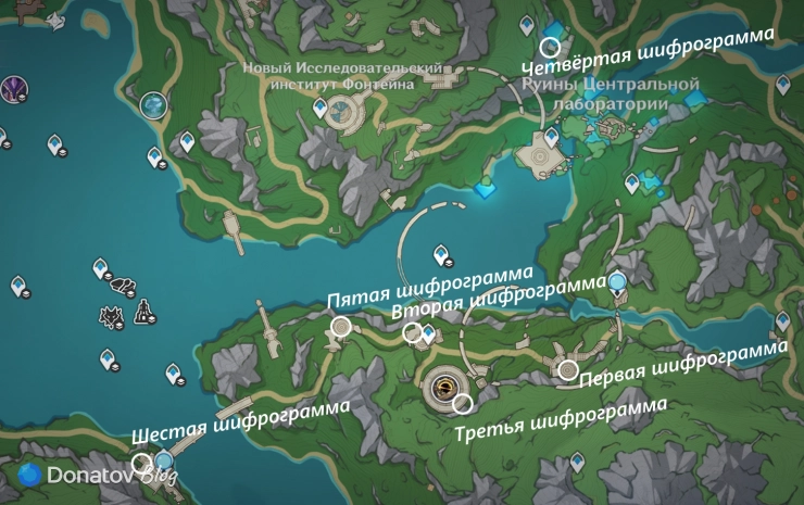 Достижение «Будущее дольше прошлого» в Genshin Impact: отмеченные на карте шифрограммы