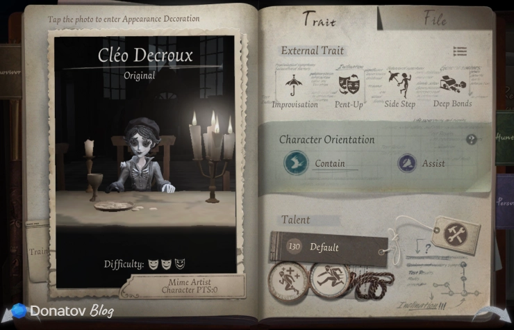 Профиль персонажа Mime Artist в Identity V
