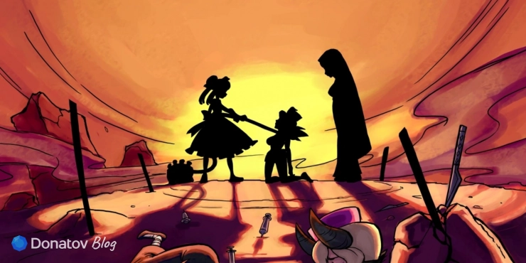 Мари и Дабл окружают Валентайн в Skullgirls: Fighting RPG