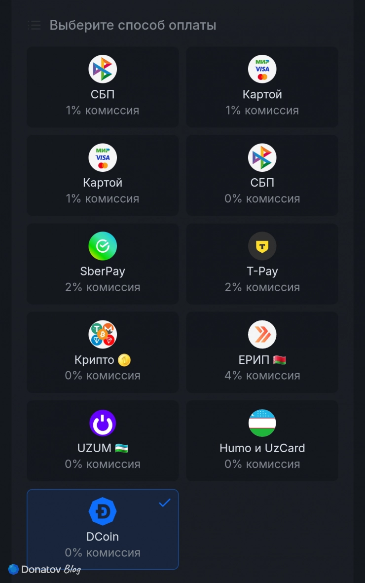 Выбор способа оплаты на сайте Donatov.net для покупки гранул времени в Genshin Impact
