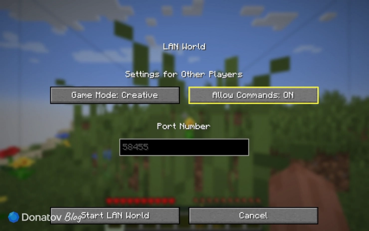 Включение читов в настройках Minecraft
