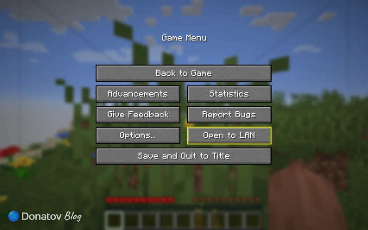 Меню «Открыть для сети» в настройках Minecraft