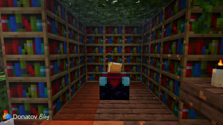 Книжные шкафы около стола зачарования в Minecraft
