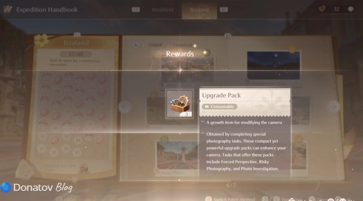 Получение Upgrade Pack в книге Expedition Handbook в Infinity Nikki