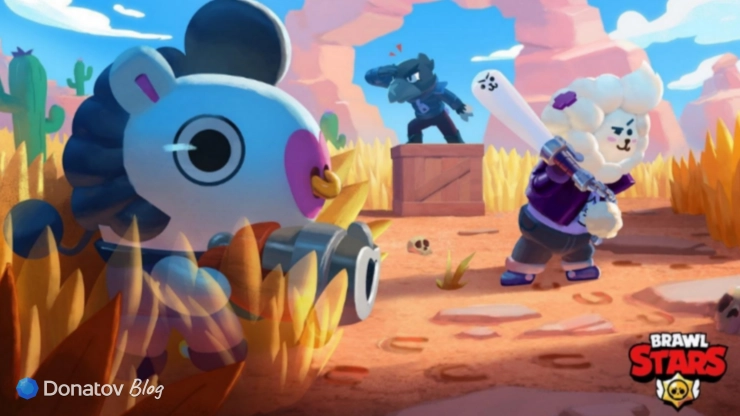 Булл в коллаборационном скине на поле боя в Brawl Stars