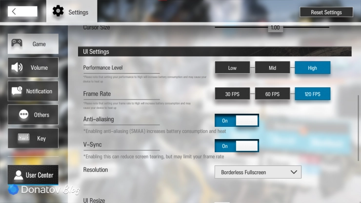 Скриншот настроек UI в ПК-клиенте Arknights
