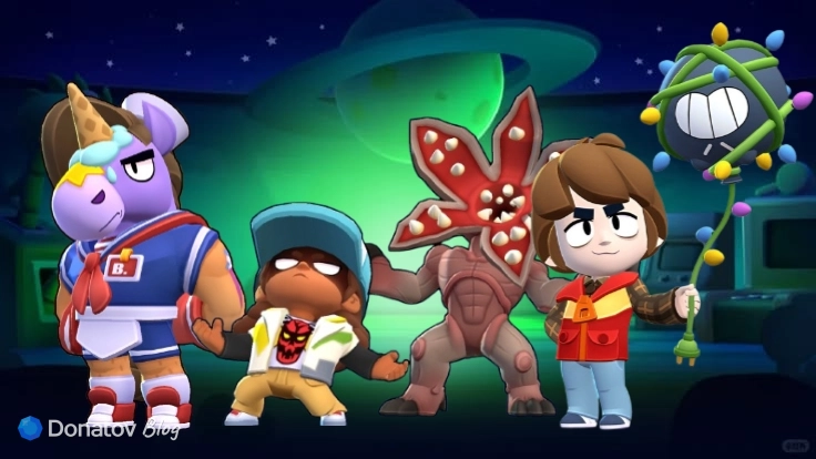 Скины «Эскимо на палубе Берри», «Дастин Нита», «Оди Луми» и «Уилл Гас» в Brawl Stars