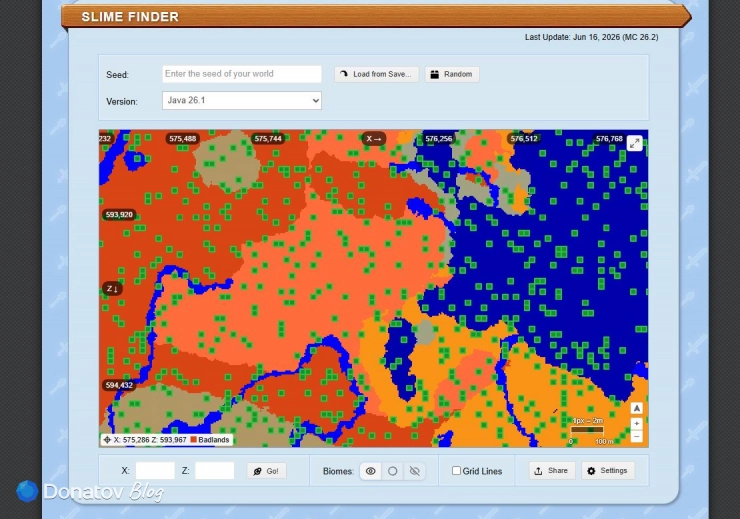 Меню Slime Finder