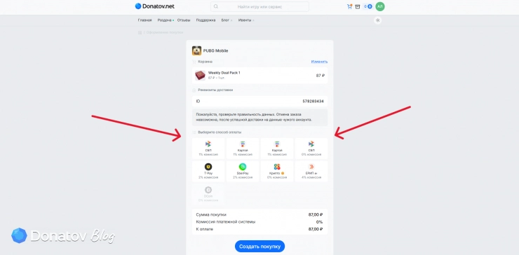 Выбор оплаты заказа на сайте Donatov.net