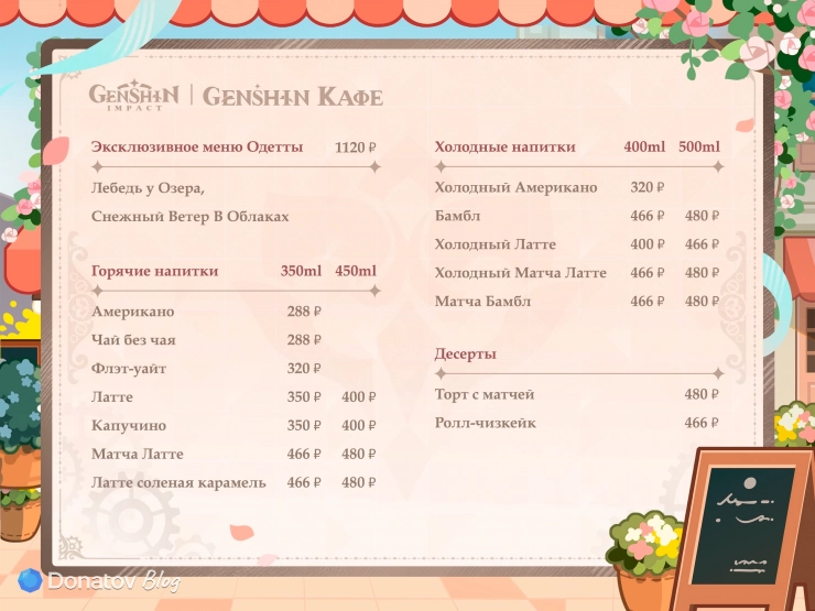 Меню Genshin Кафе