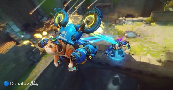 Реактивная Киса перевозит героя на тросе в Overwatch
