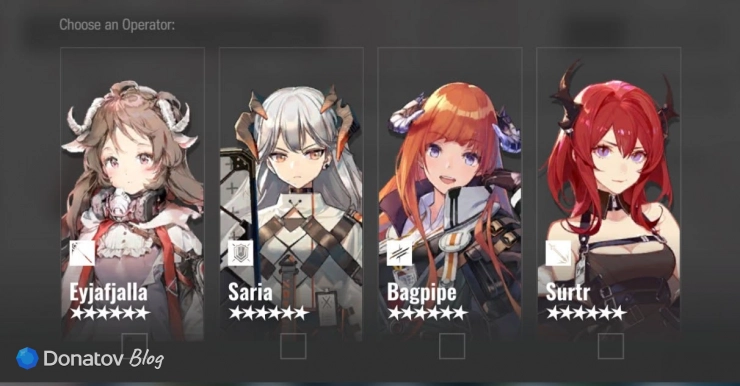Селектор 6★: Эйяфьялла, Сария, Багпайп, Суртр в Arknights