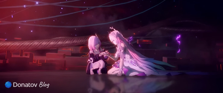 Кирена из Honkai: Star Rail сидит и смотрит на кусочек пазла, пока рядом с ней находится её другая версия