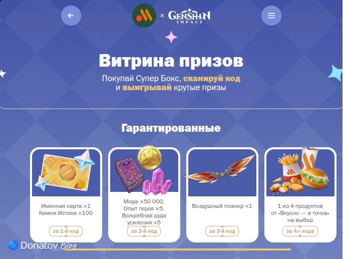 Призы акции Genshin Impact и «Вкусно — и точка»