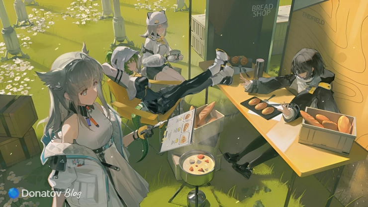 Эндминистратор, Перлика, Эстелла и Флюорит из Arknights: Endfield проводят вместе время