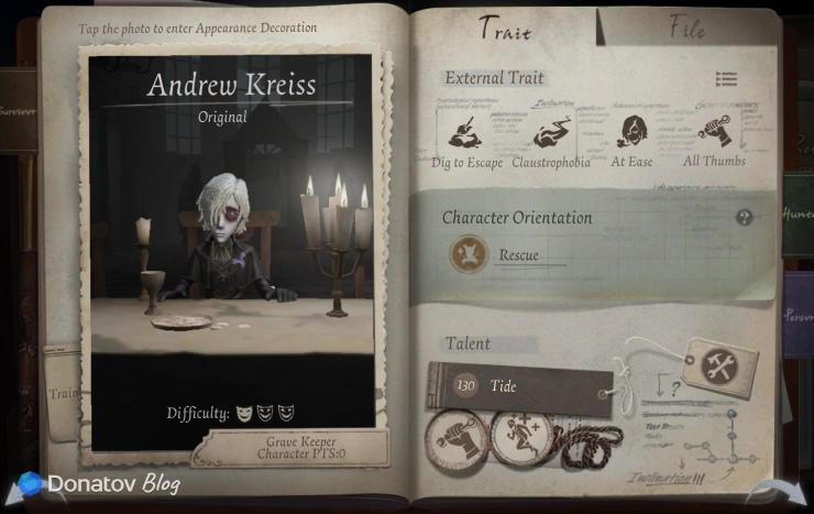 Меню персонажа Grave Keeper в Identity V