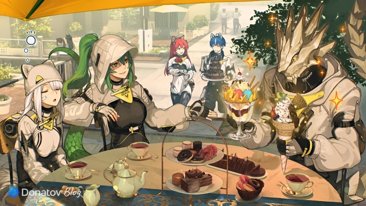 Флюорит, Акэкури, Кэтчер, Эстелла и Антал из Arknights: Endfield собрались на чаепитие