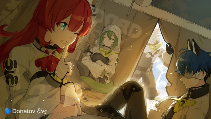 Акэкури, Кэтчер, Флюорит и Антал из Arknights: Endfield находятся в палатке