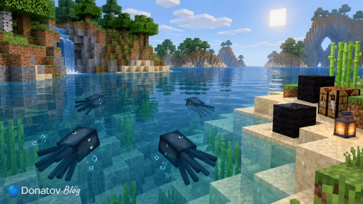 Спруты на берегу реки в Minecraft