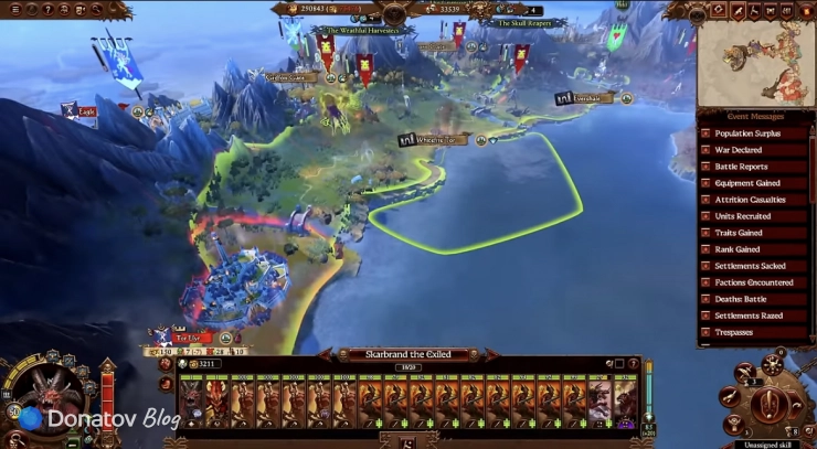 Армия Скарбранда Изгнанника у Тор-Элира на стратегической карте Total War: Warhammer III